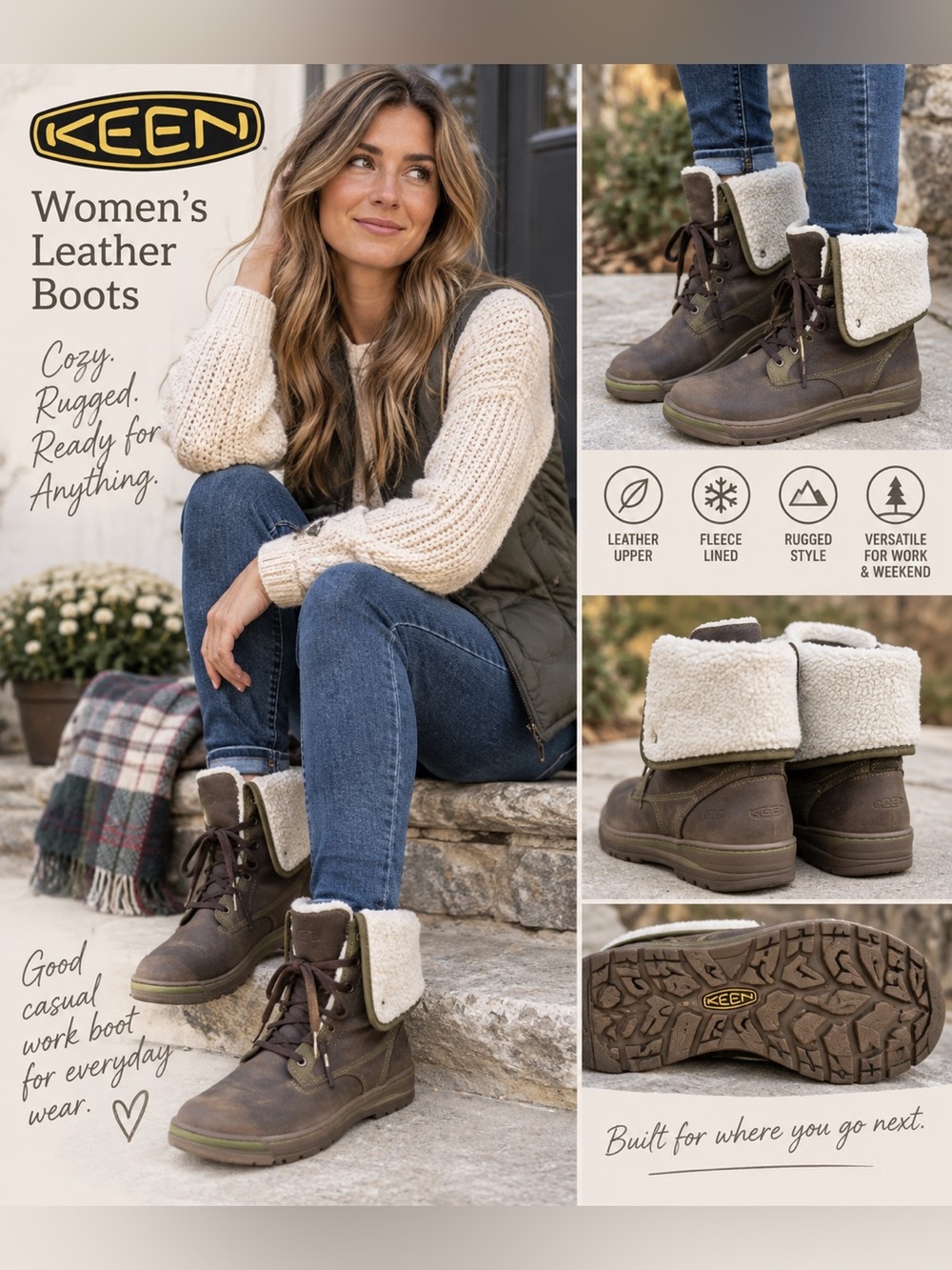 KEEN Brown Leather Fleece Cuff Lace Up Boots Women’s 7.5